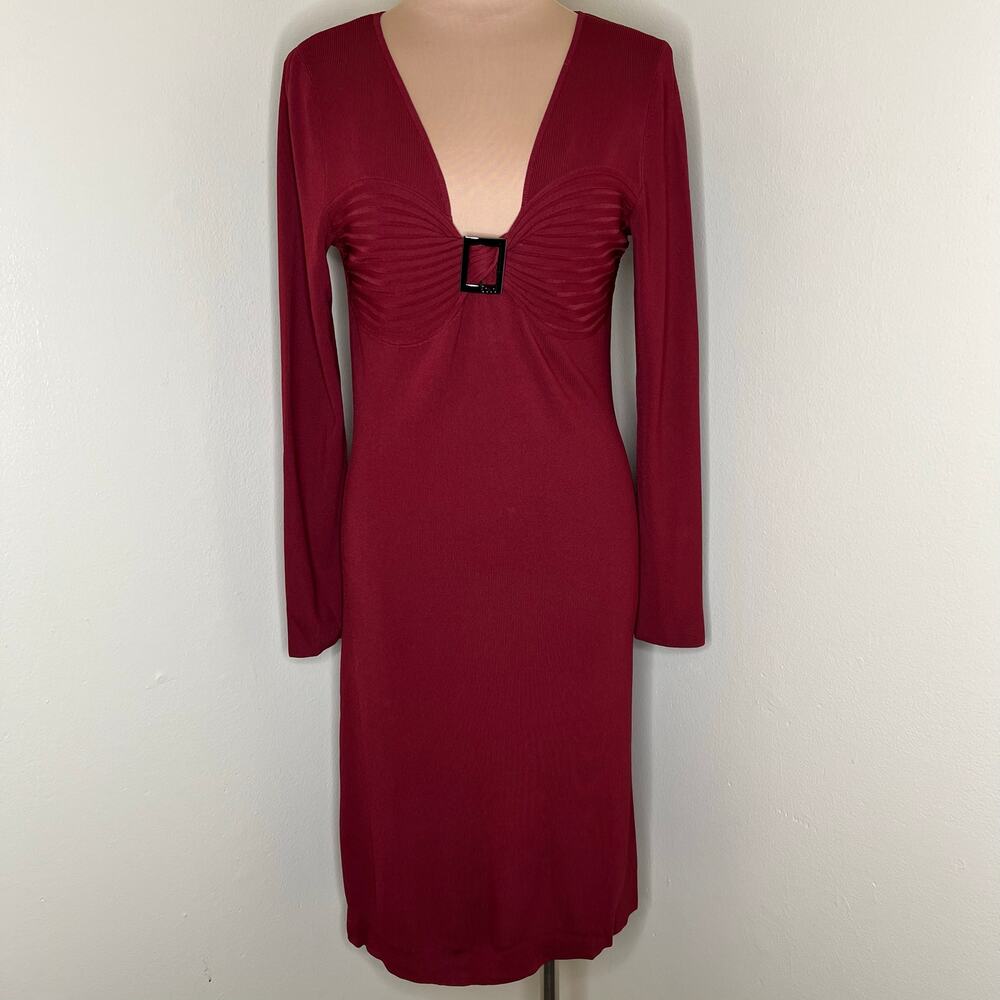 BCBGMaxazria Dress Medium Womens Red Sheath Long Sleeve Ponte Knit V-Neck Midi
